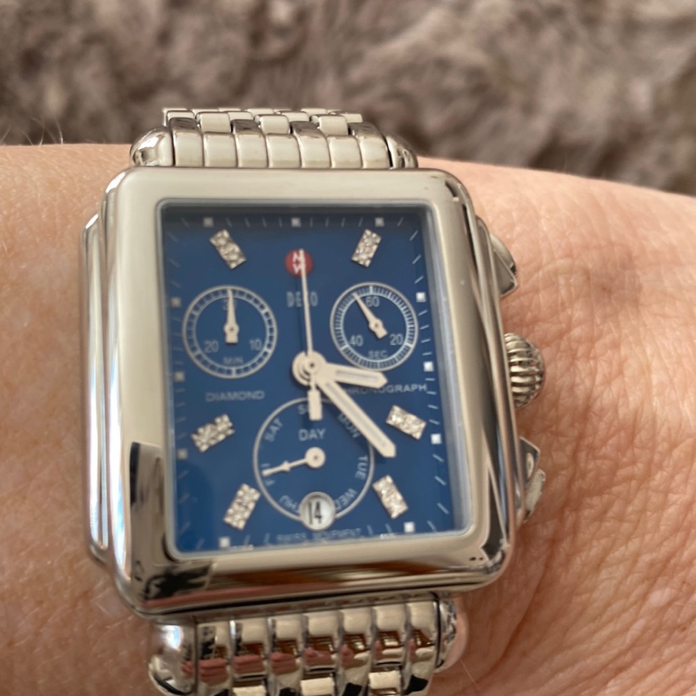 MY MICHELE BOLD WATCH W/EXTRA LINKS & INTERCHANGEABLE BLUE LIZARD LEATHER BAND